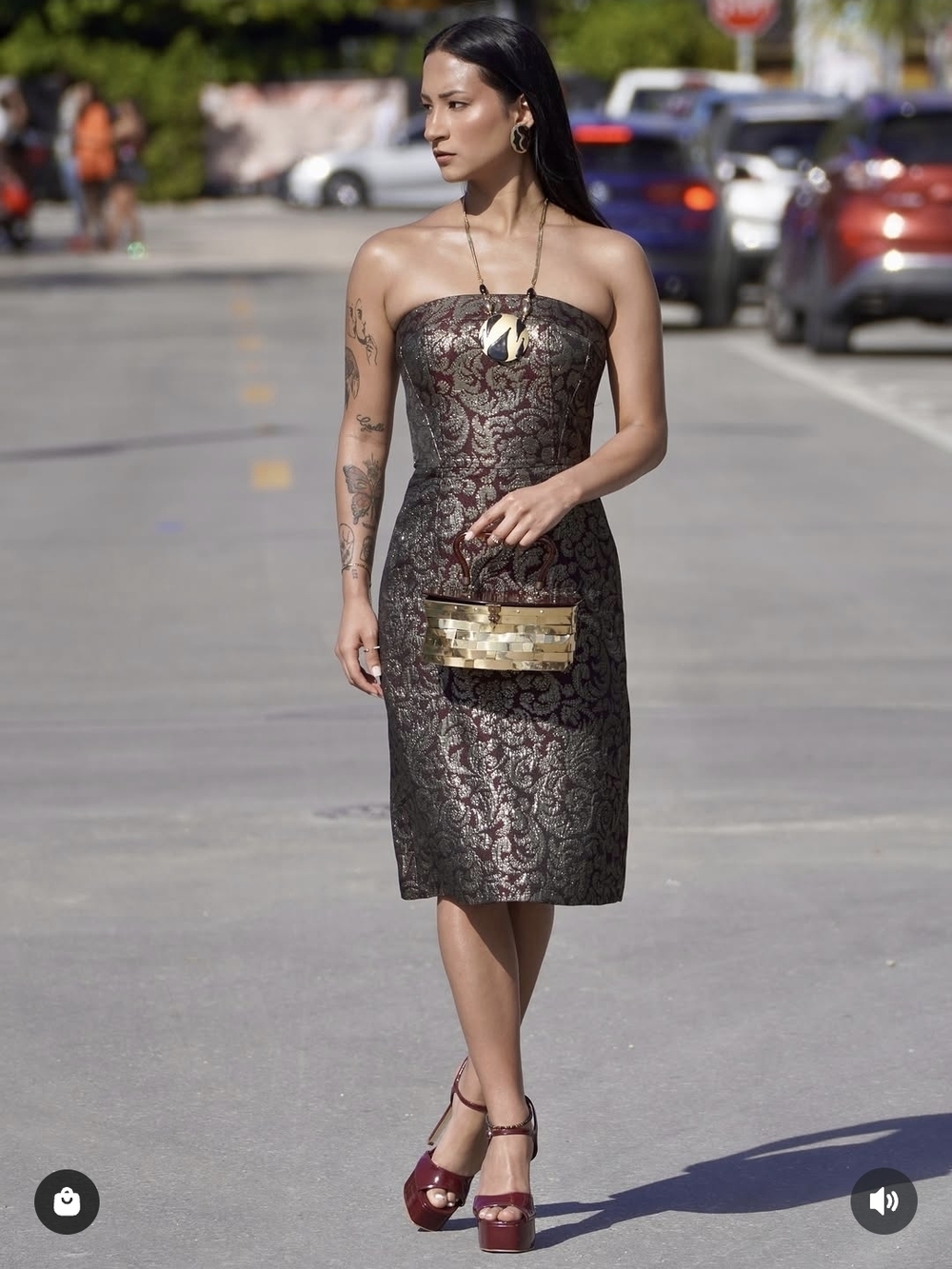 Strapless Brocade Sheath Dress in Metallic Charcoal and Burgundy